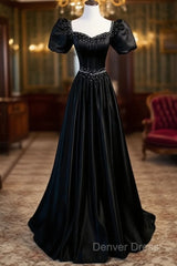 Black Satin Beaded Floor Length Prom Dresses, Black A-Line Short Sleeve Evening Dresses