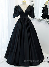 Black Satin Deep V-neckline Long Formal Dresses, Black Evening Dresses Prom Dresses