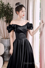 Black Satin Floor Length A-Line Prom Dresses, Off The Shoulder Evening Party Dresses