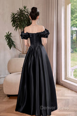 Black Satin Floor Length A-Line Prom Dresses, Off The Shoulder Evening Party Dresses