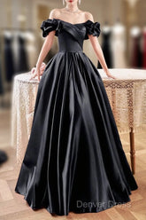 Black Satin Floor Length A-Line Prom Dresses, Off The Shoulder Evening Party Dresses