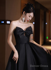 Black Satin High Low Sweetheart Homecoming Dress, Black Short Party Dress With Bow