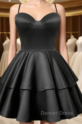 Black Satin Homecoming Dresses Sweetheart Neck Tiered Short Graduation Dresses