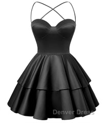 Black Satin Homecoming Dresses Sweetheart Neck Tiered Short Graduation Dresses