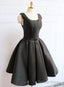 Black Satin Knee Length Prom Dress , Black Backless Prom Dresses