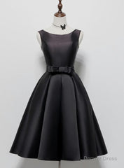 Black Satin Knee Length Round Neckline Party Dress, Black Short Prom Dress