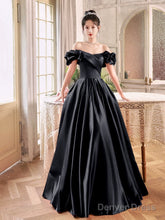 Black Satin Long A-Line Prom Dress, Black Off The Shoulder Evening Party Dress