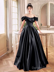 Black Satin Long A-Line Prom Dress, Black Off The Shoulder Evening Party Dress