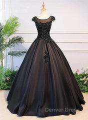 Black Satin Long Party Dresses Evening Gown A Line Floor Length Prom Dresses Elegant