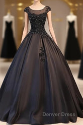 Black Satin Long Party Dresses Evening Gown A Line Floor Length Prom Dresses Elegant