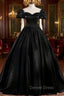 Black Satin Long Prom Dress, Black A Line Short Sleeve Prom Dresses