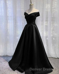 Black Satin Off Shoulder Long Simple Evening Dresses Formal Dresses,Stunning Party Gown