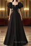 Black Satin Puffy Sleeves Long Prom Dress, Black Long Prom Dresses