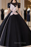 Black Satin Short Sleeve Ball Gown Prom Dresses