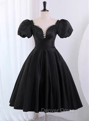 Black Satin Short Sleeves Knee Length Party Dresses, Black Homecoming Dresses