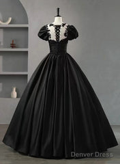 Black Satin Short Sleeves Round Neckline Party Dress, Black Sweet 16 Dress