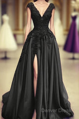 Black Satin Slit Dresses With Lace Embroidery Prom Dresses