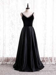 Black Satin Spaghetti Straps Prom Dress