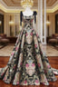 Black Satin Straps A Line Floral Long Prom Dress, Black Prom Dresses