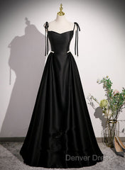 Black Satin Sweetheart Long Prom Dresses With Bow, Black Long Evening Dresses