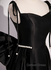 Black Satin Sweetheart Long Prom Dresses With Bow, Black Long Evening Dresses