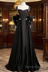 Black Satin Sweetheart Long Prom Dresses With Bow, Black Long Evening Dresses