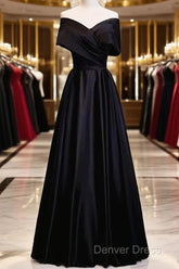 Black Satin Sweetheart Off Shoulder Party Dresses, Black A-Line Long Formal Dresses