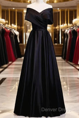 Black Satin Sweetheart Off Shoulder Party Dresses, Black A-Line Long Formal Dresses
