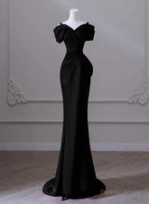 Black Satin Sweetheart Straps Long Formal Dress, Black Long Prom Dress