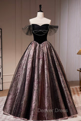 Black Satin Tulle Long Prom Dresses, A-Line Off Shoulder Evening Dresses Formal Dresses