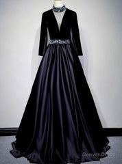 Black Satin Velvet Long Sleeve Crystal Prom Dress