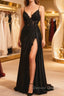 Black Satin With Lace V-Neckline With Leg Slit Prom Dresses, Black Prom Dresses