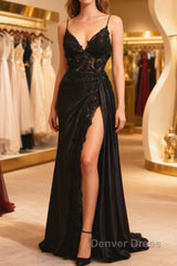Black Satin With Lace V-Neckline With Leg Slit Prom Dresses, Black Prom Dresses