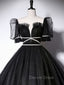 Black Scoop Neckline Long Prom Dress, Shiny Tulle Black Prom Dresses