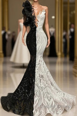 Black Sequin Trumpet Mermaid Long Sleeve Prom Dresses