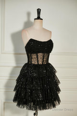 Black Sequined Strapless Multi-Layers Tulle Cocktail Dress