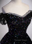 Black Sequins Off Shoulder Beaded Prom Dress, A Line Black Prom Dresses