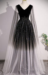 Black Shiny Tulle Gradient Tulle V-Neckline Party Dresses, Black Tulle Prom Dresses