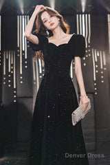 Black Short Sleeves A-Line Velvet Long Prom Dress, Black Evening Dress Party Dress