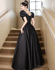 Black Short Sleeves Beaded A-line Satin Prom Dress, Black Satin Party Dress