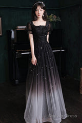 Black Short Sleeves Gradient Tulle With Lace Party Dress, Black A-Line Prom Dress