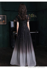 Black Short Sleeves Gradient Tulle With Lace Party Dress, Black A-Line Prom Dress