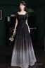 Black Short Sleeves Gradient Tulle With Lace Party Dress, Black A-Line Prom Dress