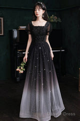 Black Short Sleeves Gradient Tulle With Lace Party Dress, Black A-Line Prom Dress