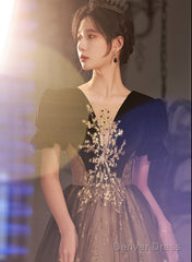 Black Short Sleeves Tulle Long Party Dress With Lace, Black A-Line Prom Dress