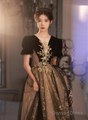 Black Short Sleeves Tulle Long Party Dress With Lace, Black A-Line Prom Dress