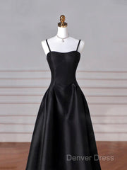 Black Spaghetti Strap Satin Long Prom Dresses, Black A-Line Evening Dresses