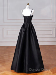 Black Spaghetti Strap Satin Long Prom Dresses, Black A-Line Evening Dresses