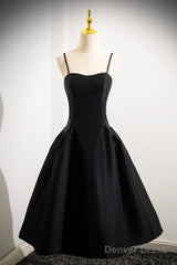 Black Spaghetti Strap Satin Short Prom Dress, Simple A-Line Homecoming Party Dress