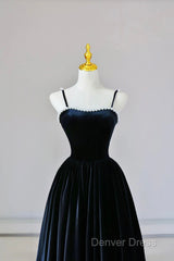 Black Spaghetti Strap Velvet Long Prom Dresses With Pearls, A-Line Evening Dresses Party Dresses
